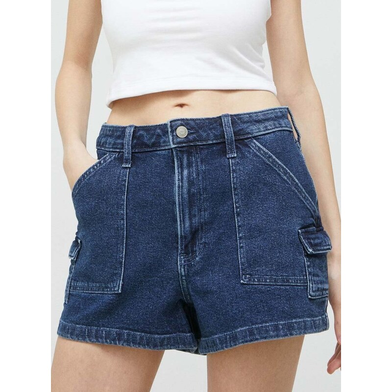 Džínové šortky Hollister Co. dámské, tmavomodrá barva, hladké, high waist