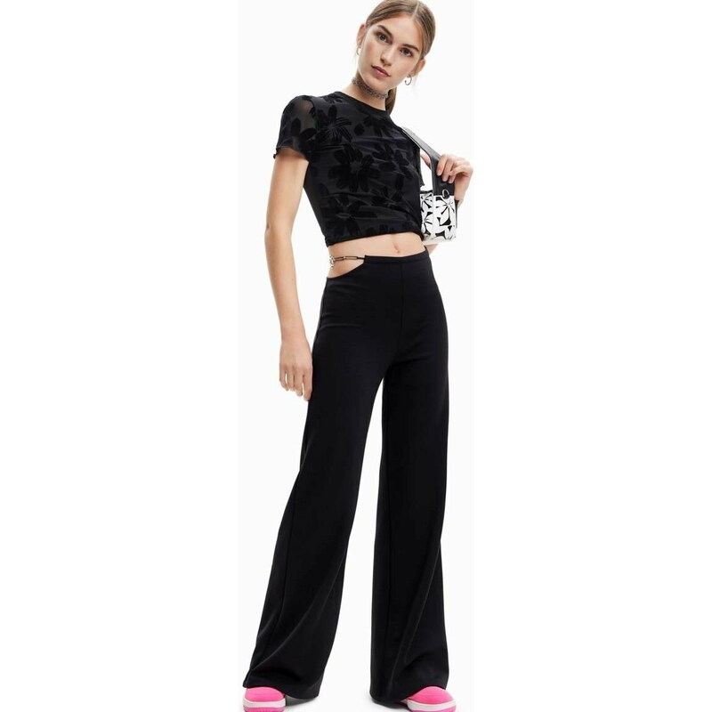 Kalhoty Desigual dámské, černá barva, široké, high waist