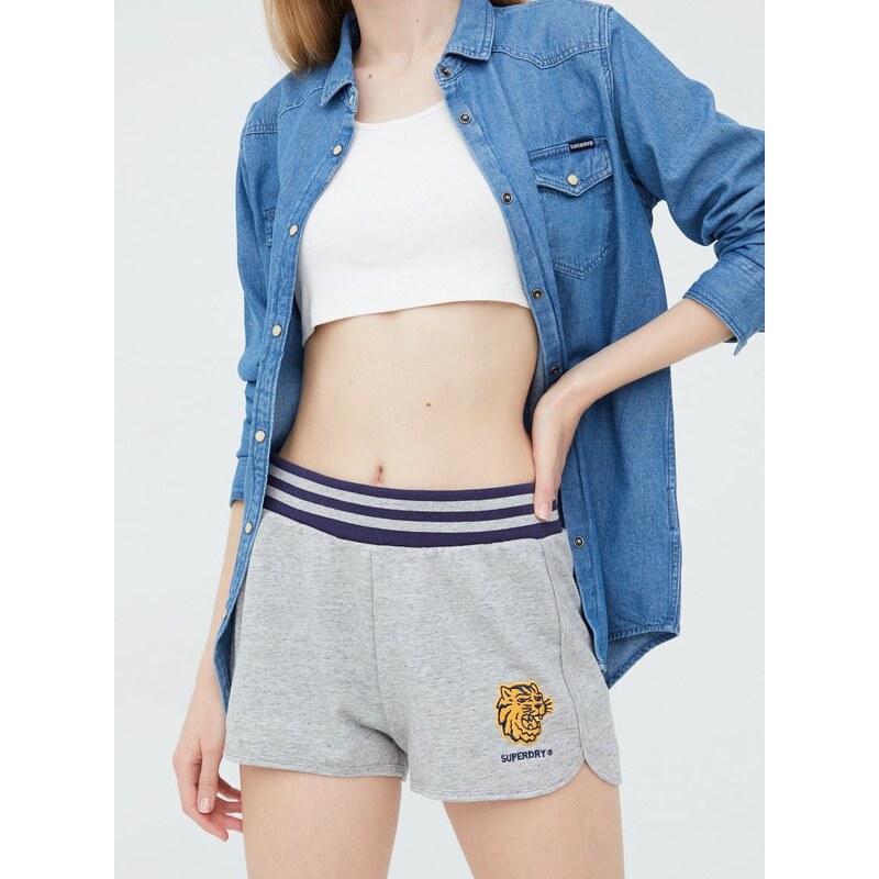 Kraťasy Superdry dámské, šedá barva, s aplikací, high waist