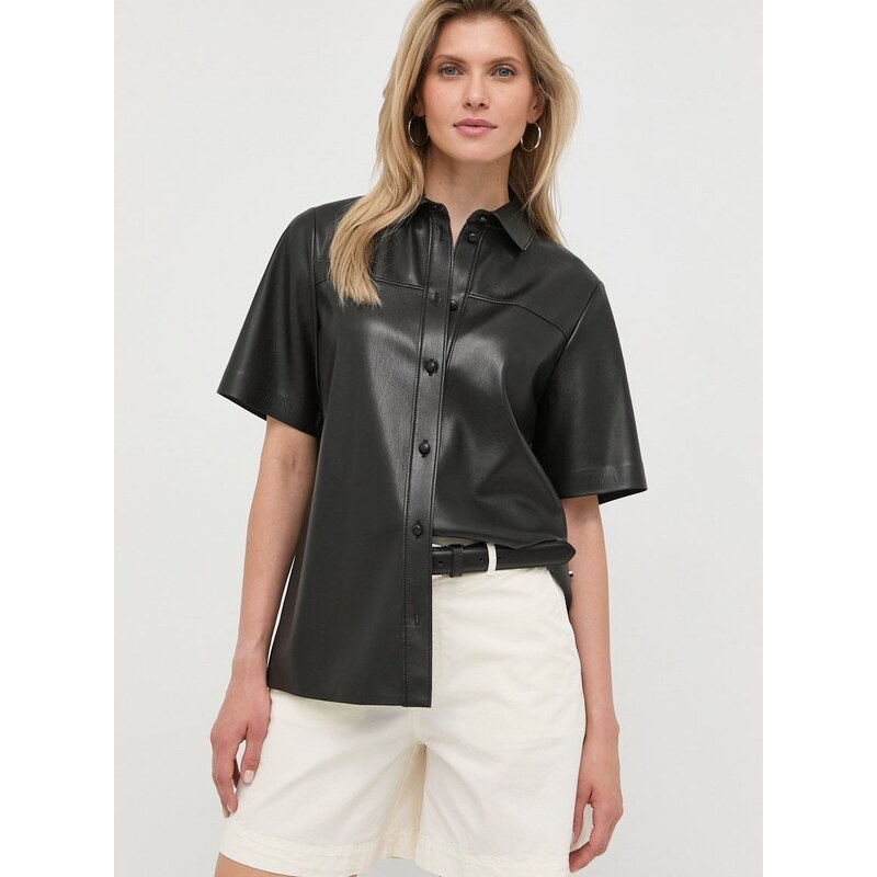 Košile BOSS dámská, černá barva, relaxed, s klasickým límcem