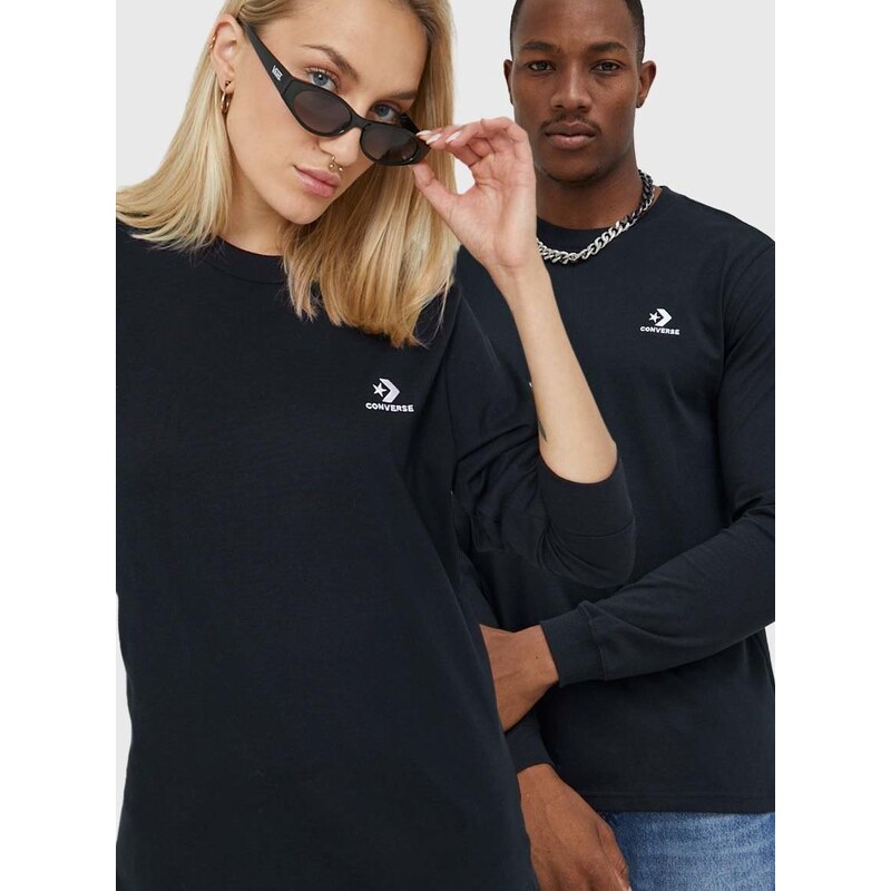 Bavlněné tričko s dlouhým rukávem Converse černá barva, s aplikací, 10023872.A02-CONVERSEBL