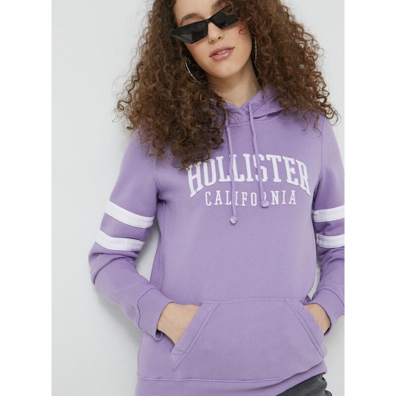 Mikina Hollister Co. dámská, fialová barva, s kapucí, s aplikací