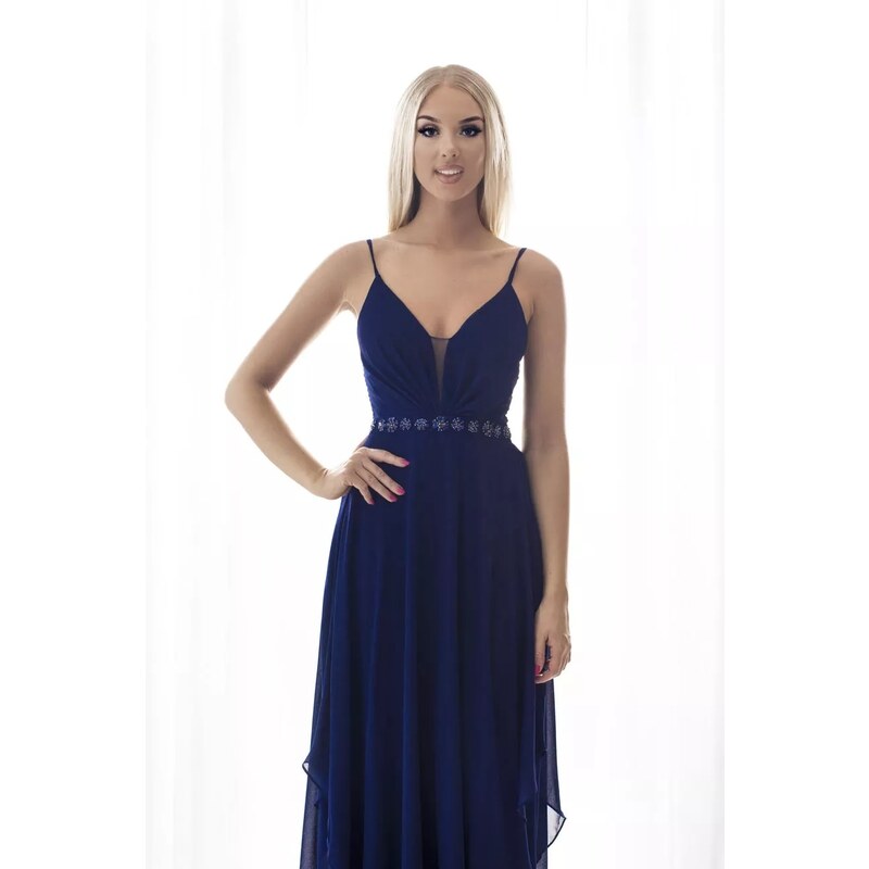 Plesové šaty na ramínka EVA & LOLA - tmavě modré
