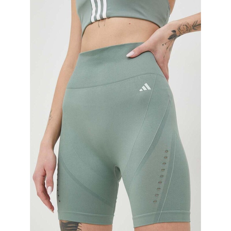 Šortky na jógu adidas Performance Aeroknit 2.0 zelená barva, high waist