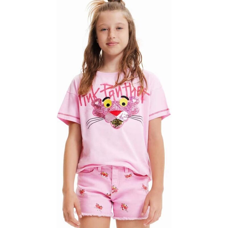 Dětské bavlněné tričko Desigual Pink Panther růžová barva