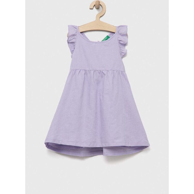 Dětské lněné šaty United Colors of Benetton fialová barva, mini