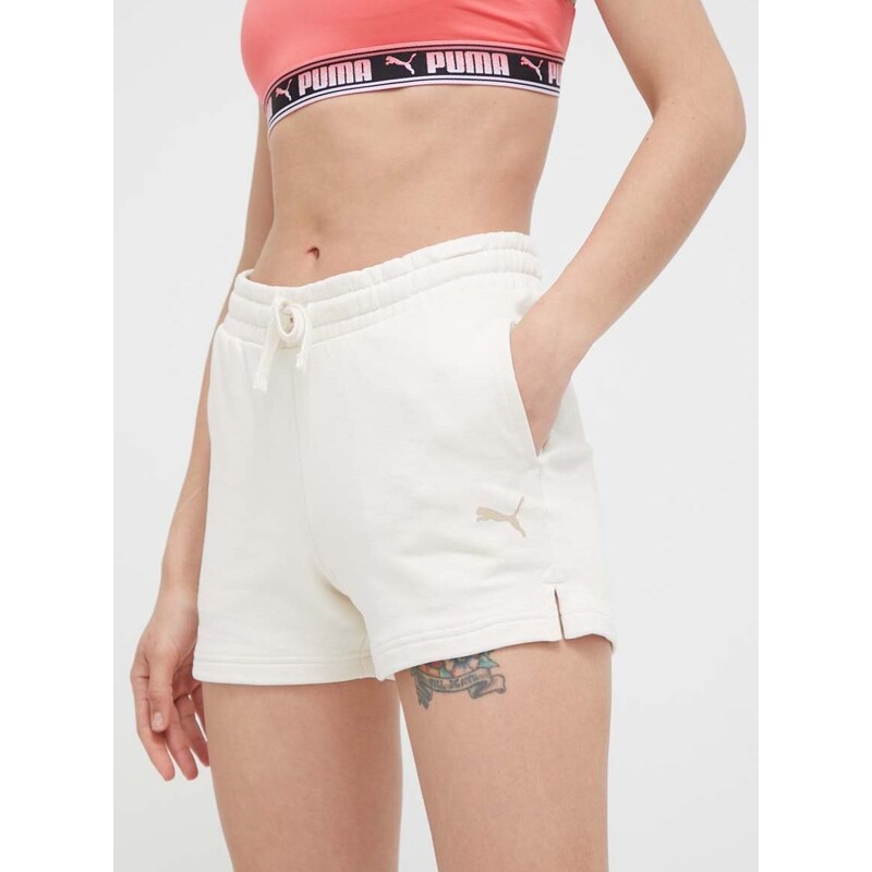 Bavlněné šortky Puma béžová barva, s potiskem, high waist