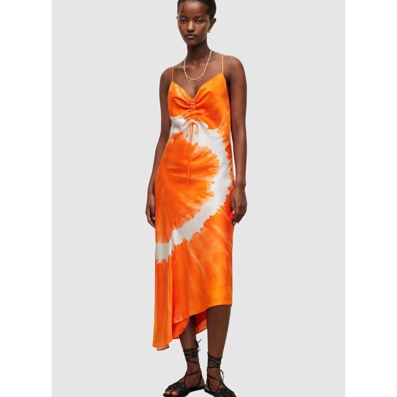 Šaty s příměsí hedvábí AllSaints oranžová barva, maxi