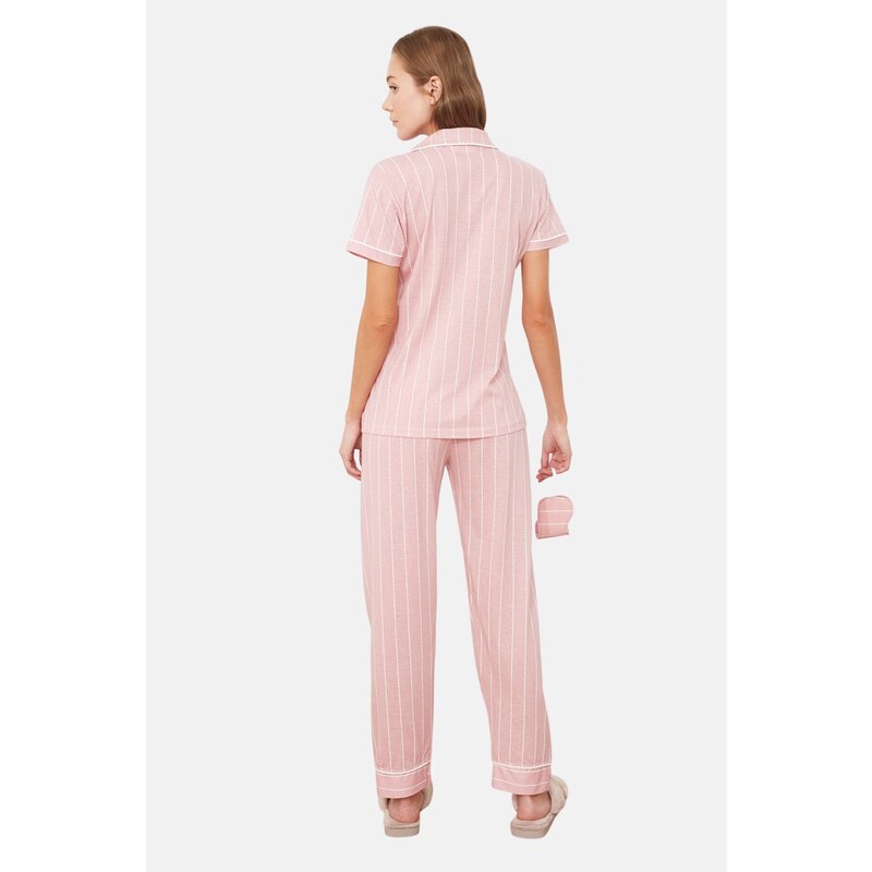 Trendyol Pink Cotton Striped Piping Detailed Sleep Tape Knitted Pajamas Set