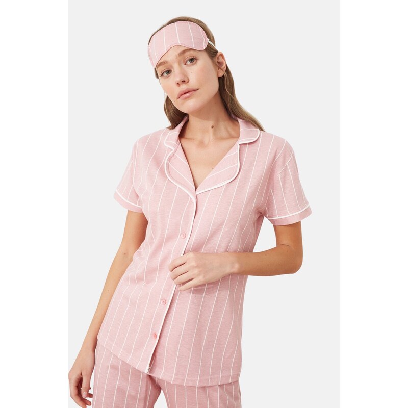 Trendyol Pink Cotton Striped Piping Detailed Sleep Tape Knitted Pajamas Set