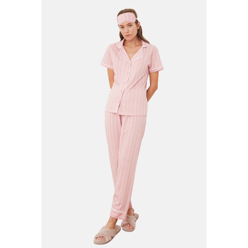 Trendyol Pink Cotton Striped Piping Detailed Sleep Tape Knitted Pajamas Set