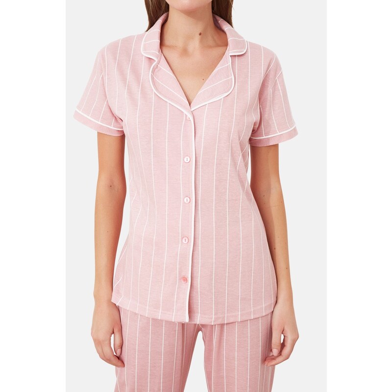 Trendyol Pink Cotton Striped Piping Detailed Sleep Tape Knitted Pajamas Set