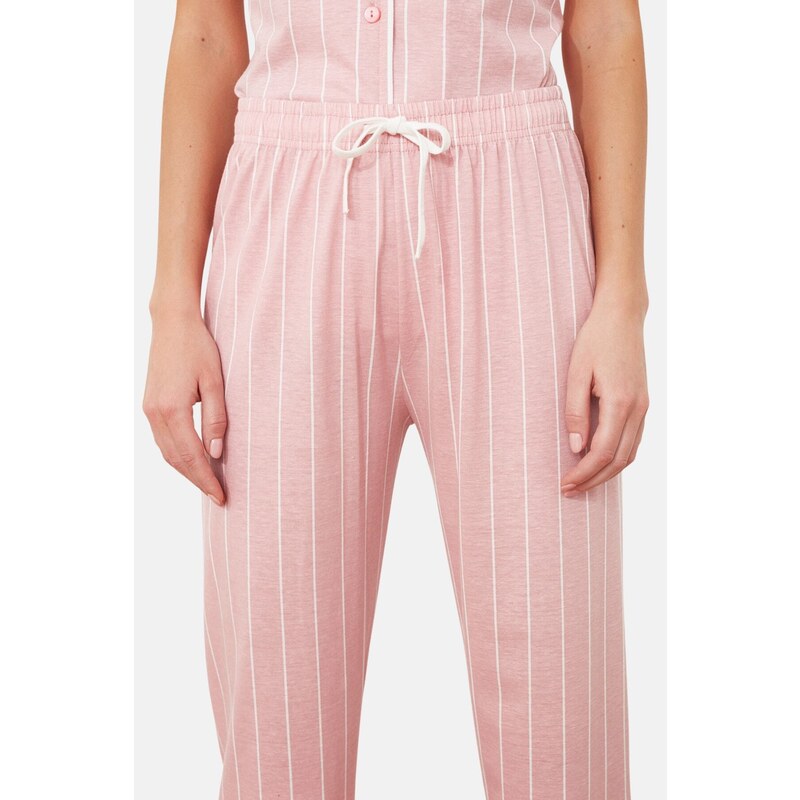 Trendyol Pink Cotton Striped Piping Detailed Sleep Tape Knitted Pajamas Set