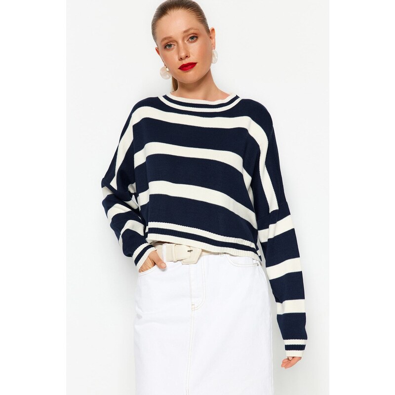 Trendyol Navy Blue Crop pruhovaný pletený svetr