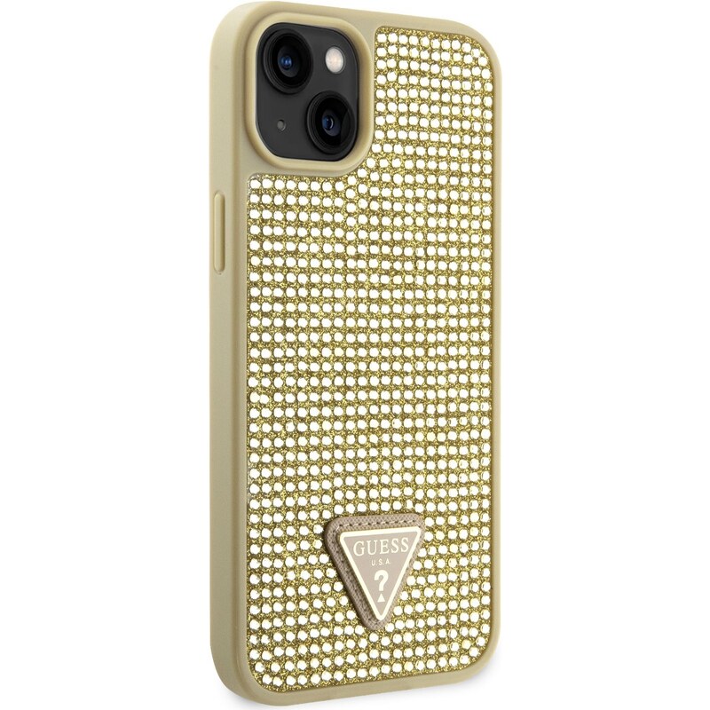 Ochranný kryt pro iPhone 14 - Guess, Rhinestones Triangle Metal Logo Gold