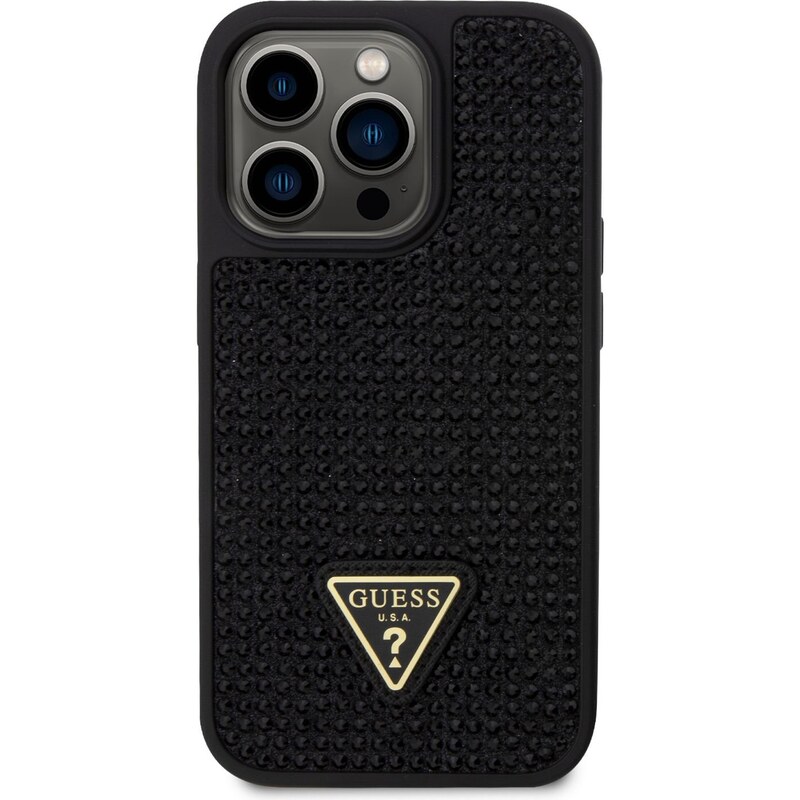 Ochranný kryt pro iPhone 14 Pro - Guess, Rhinestones Triangle Metal Logo Black