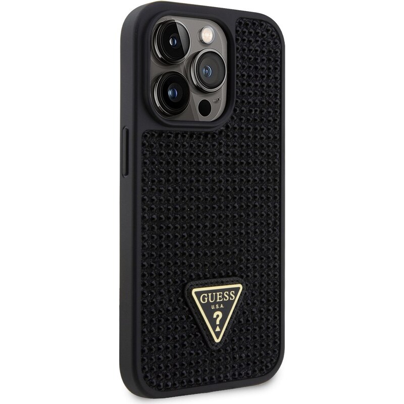 Ochranný kryt pro iPhone 14 Pro - Guess, Rhinestones Triangle Metal Logo Black