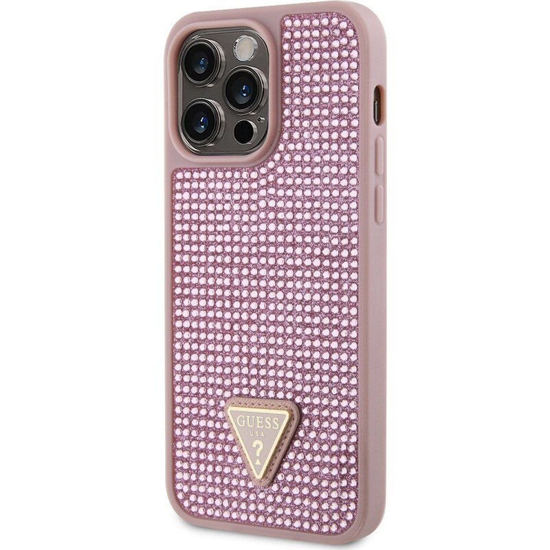 Ochranný kryt pro iPhone 14 Pro MAX - Guess, Rhinestones Triangle Metal Logo Pink