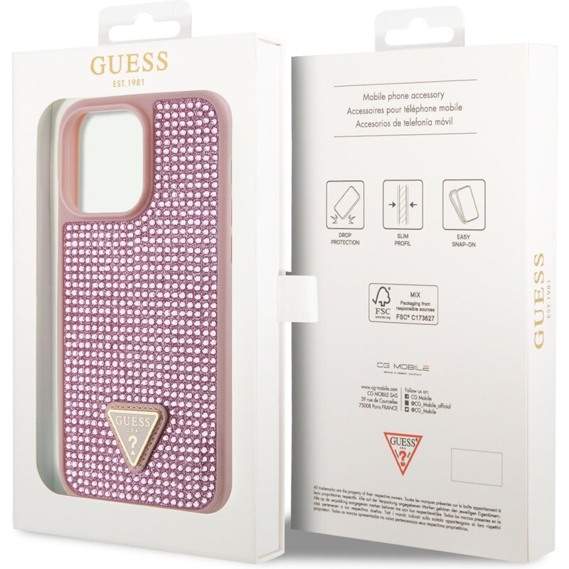 Ochranný kryt pro iPhone 14 Pro MAX - Guess, Rhinestones Triangle Metal Logo Pink