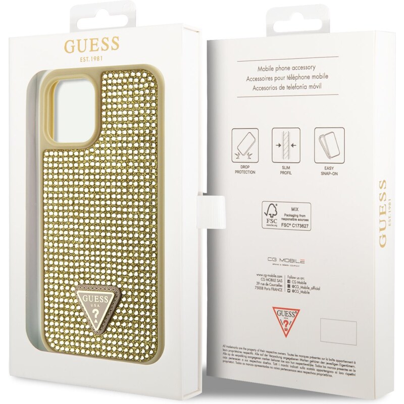 Ochranný kryt pro iPhone 12 Pro MAX - Guess, Rhinestones Triangle Metal Logo Gold