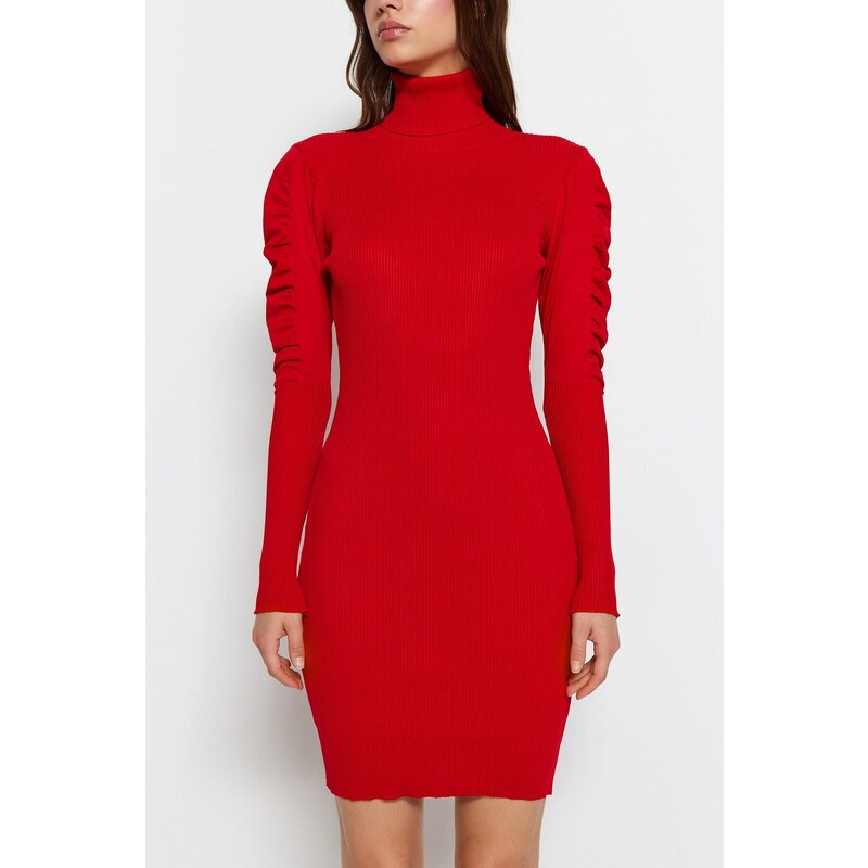 Trendyol Red Mini Knitwear Turtleneck Sleeve Shirring Detailed Dress