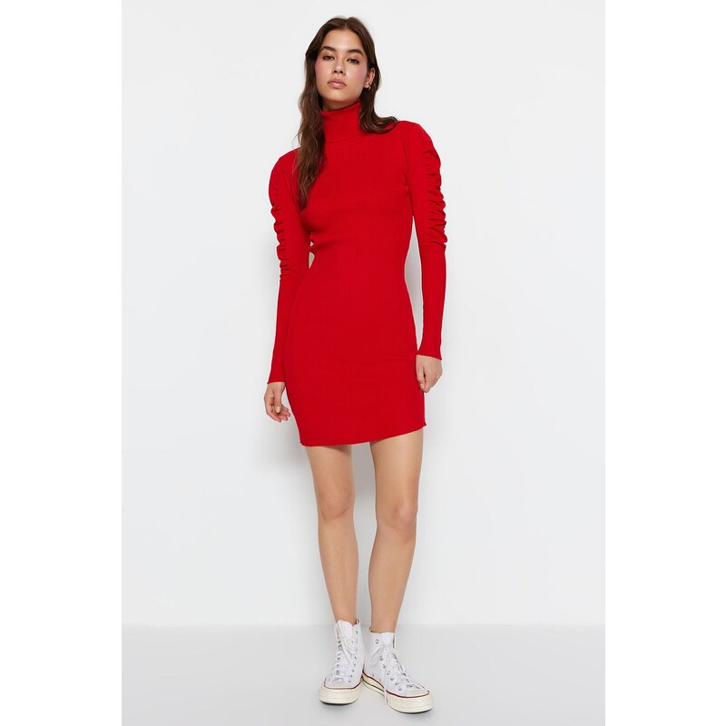 Trendyol Red Mini Knitwear Turtleneck Sleeve Shirring Detailed Dress