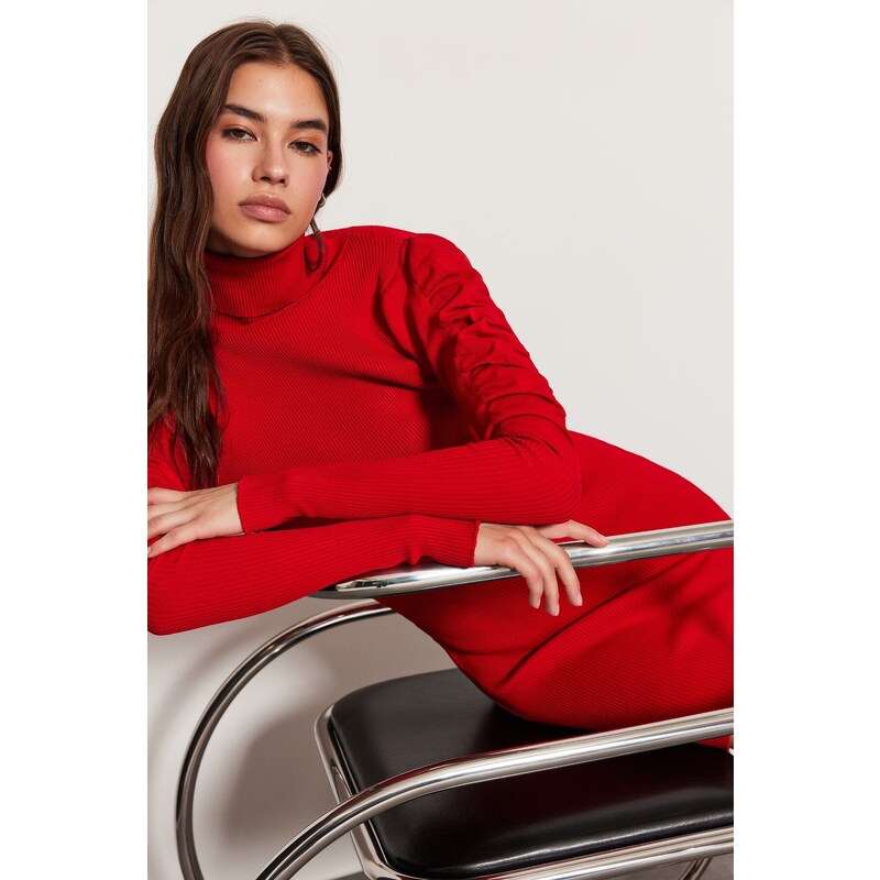 Trendyol Red Mini Knitwear Turtleneck Sleeve Shirring Detailed Dress