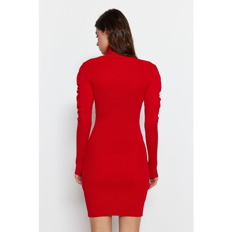 Trendyol Red Mini Knitwear Turtleneck Sleeve Shirring Detailed Dress