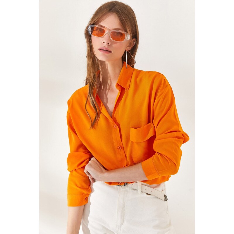 Olalook Women's Orange One Pocket Woven Viscose Shirt