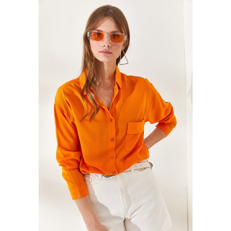 Olalook Women's Orange One Pocket Woven Viscose Shirt
