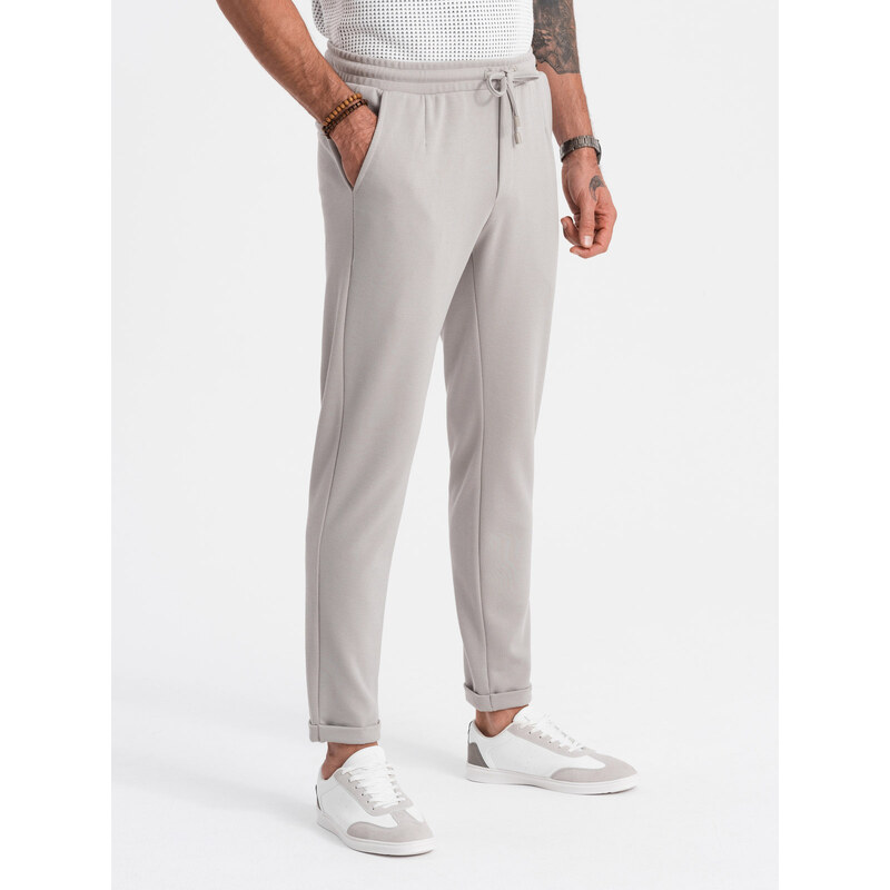 Ombre Clothing Pánské pletené kalhoty s pružným pasem - světle šedé V4 OM-PACP-0121
