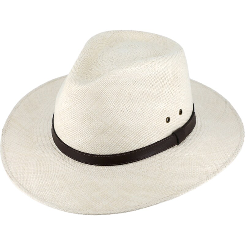 Fiebig Letní panamský klobouk Fedora - ručně pletený - s koženým páskem - Ekvádorská panama