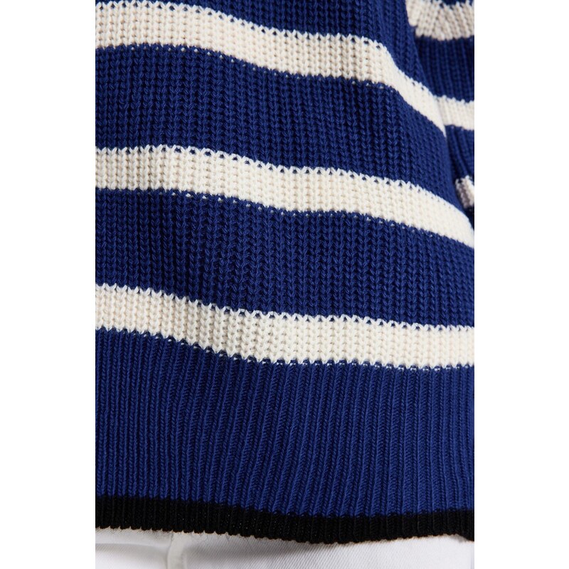 Trendyol modrý pruhovaný pletený svetr se širokým úborem