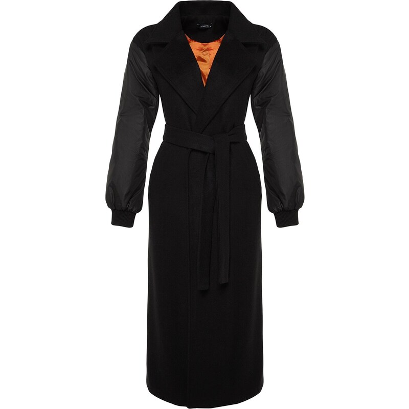 Trendyol Black Sleeve Fabric s detailem Lemovaný dlouhý kabát