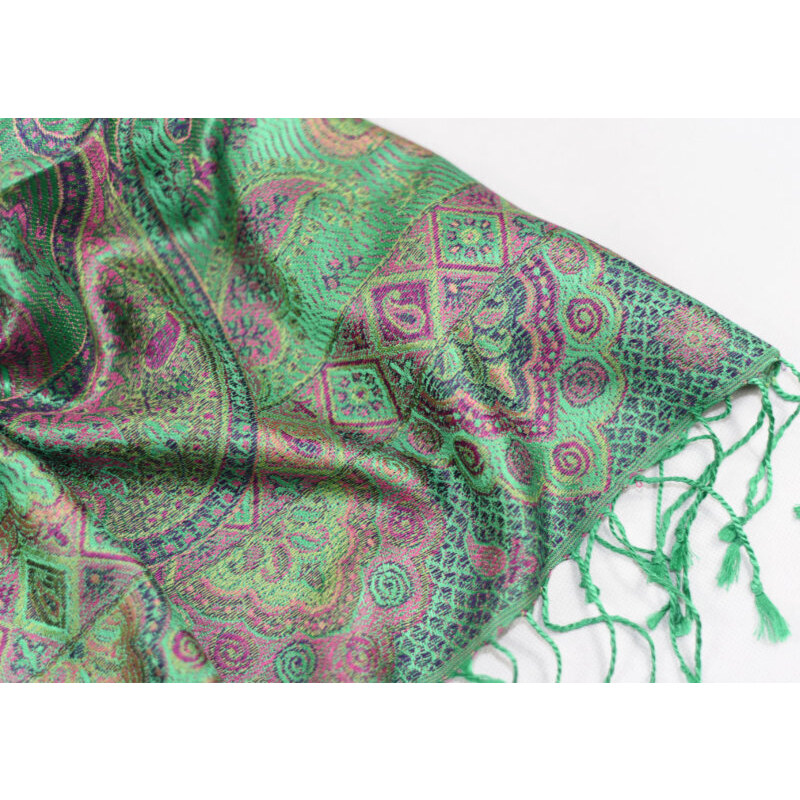Hedvábná šála Jamawar velká - Zelená s ornamenty 5