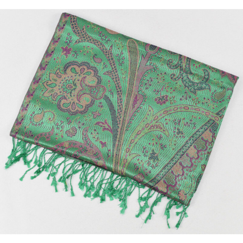 Hedvábná šála Jamawar velká - Zelená s ornamenty 5