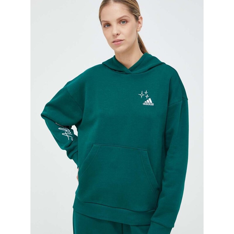 Mikina adidas dámská, zelená barva, s kapucí, s aplikací