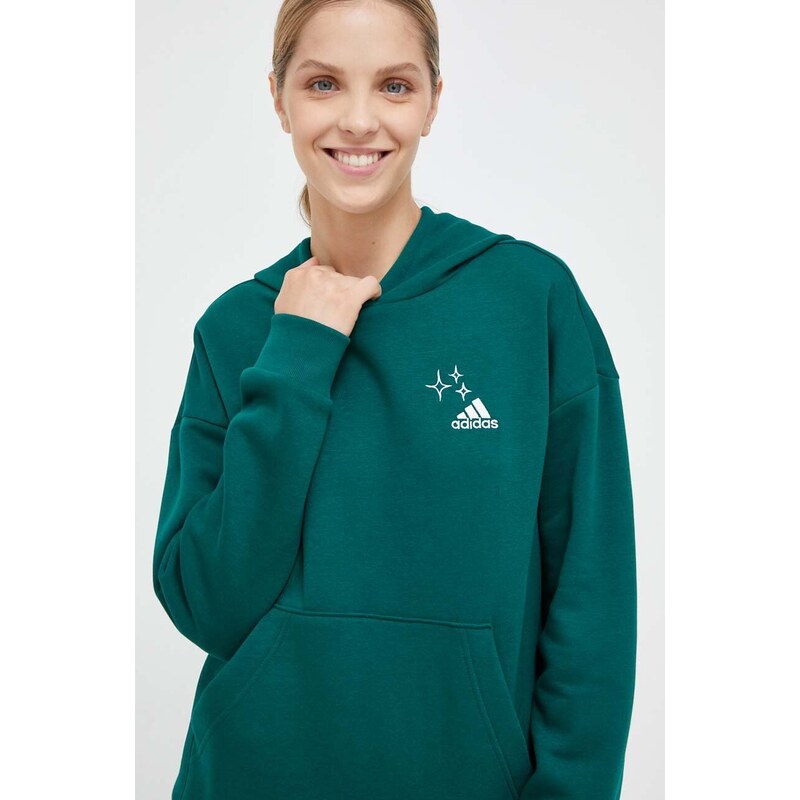 Mikina adidas dámská, zelená barva, s kapucí, s aplikací