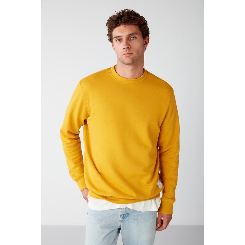 GRIMELANGE Travis Men's Soft Fabric Regular Fit Round Neck Saffron Yellow Sweatshir