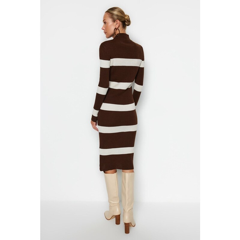 Trendyol Brown Midi Knitwear Standing Collar Dress