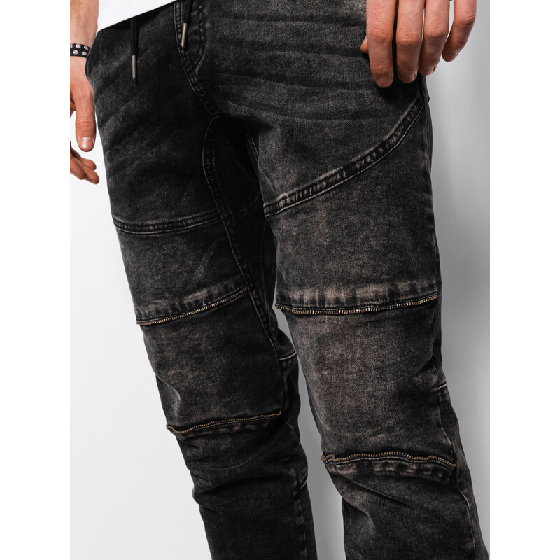 Ombre Clothing Pánské mramorované kalhoty JOGGERY s ozdobným prošíváním - černé V2 OM-PADJ-0111