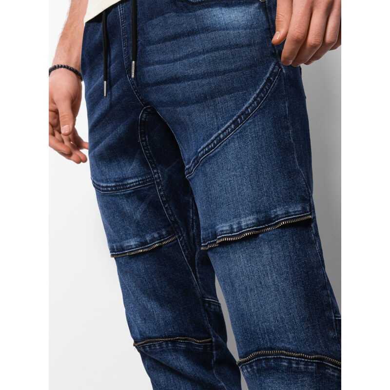 Ombre Clothing Pánské mramorované kalhoty JOGGERY s ozdobným prošíváním - tmavě modré V1 OM-PADJ-0111