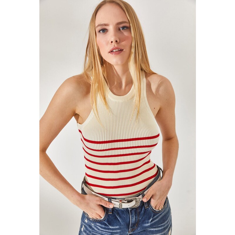 Olalook Women's Ecru Red Halter Neck Striped Knitwear Blouse