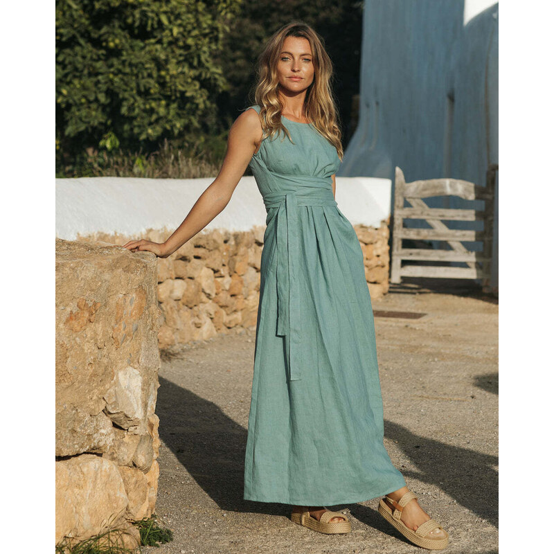 Magic Linen Dlouhé plátěné šaty BORACAY v Teal blue