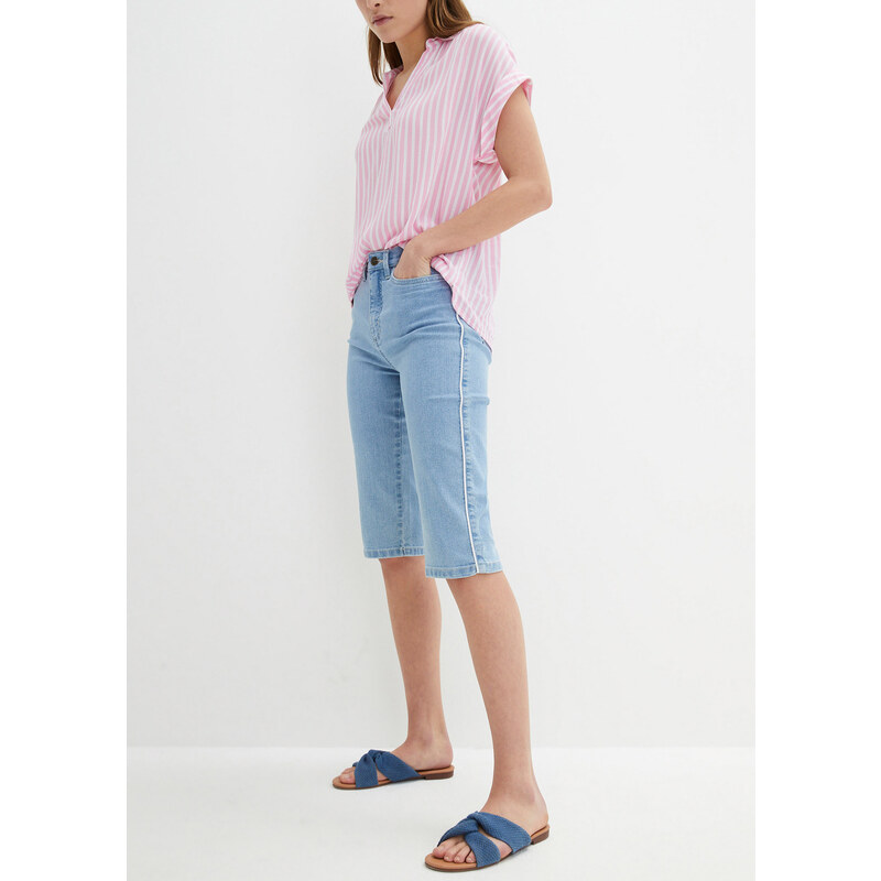bonprix Džínové bermudy Slim Fit, High Waist, ke kolenům modrá