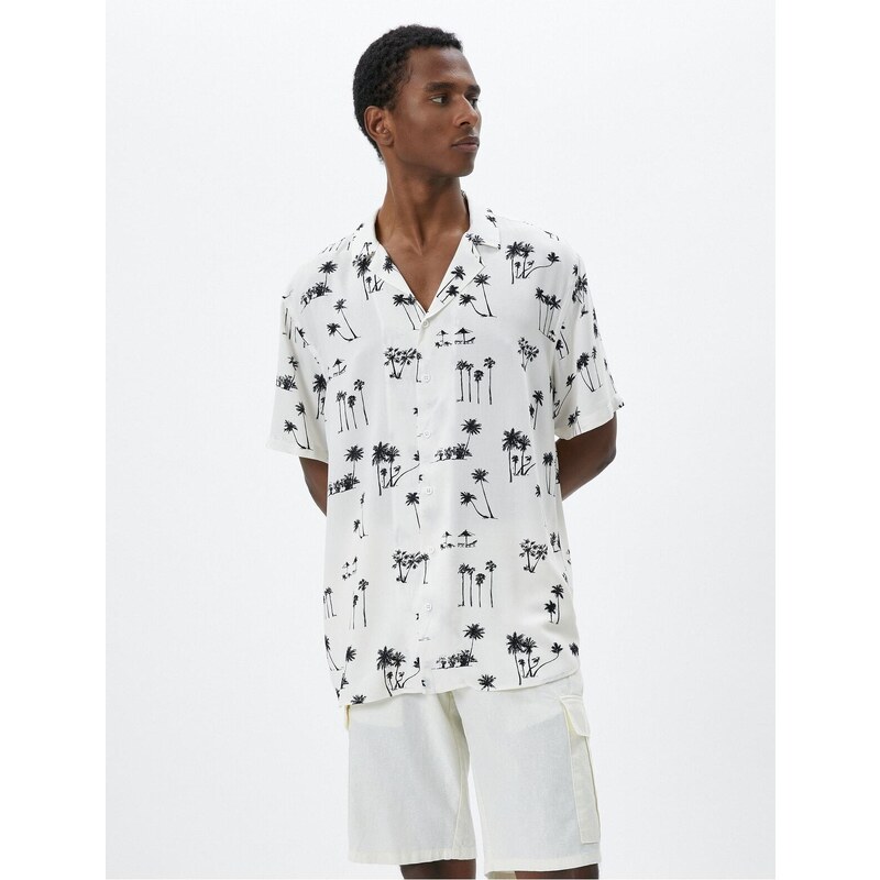 Koton Summer Shirt with Short Sleeves, Turndown Collar Palm Printed