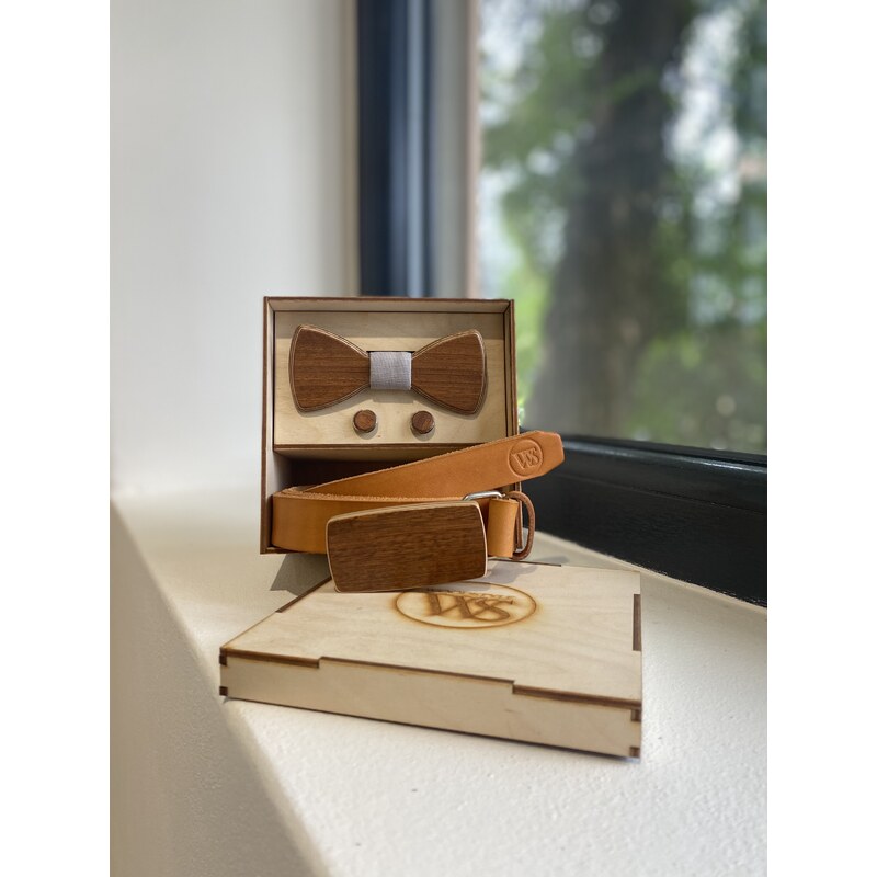 Wood Style Set Kulatý Třešeň - opasek,motýlek a manžetové knoflíčky