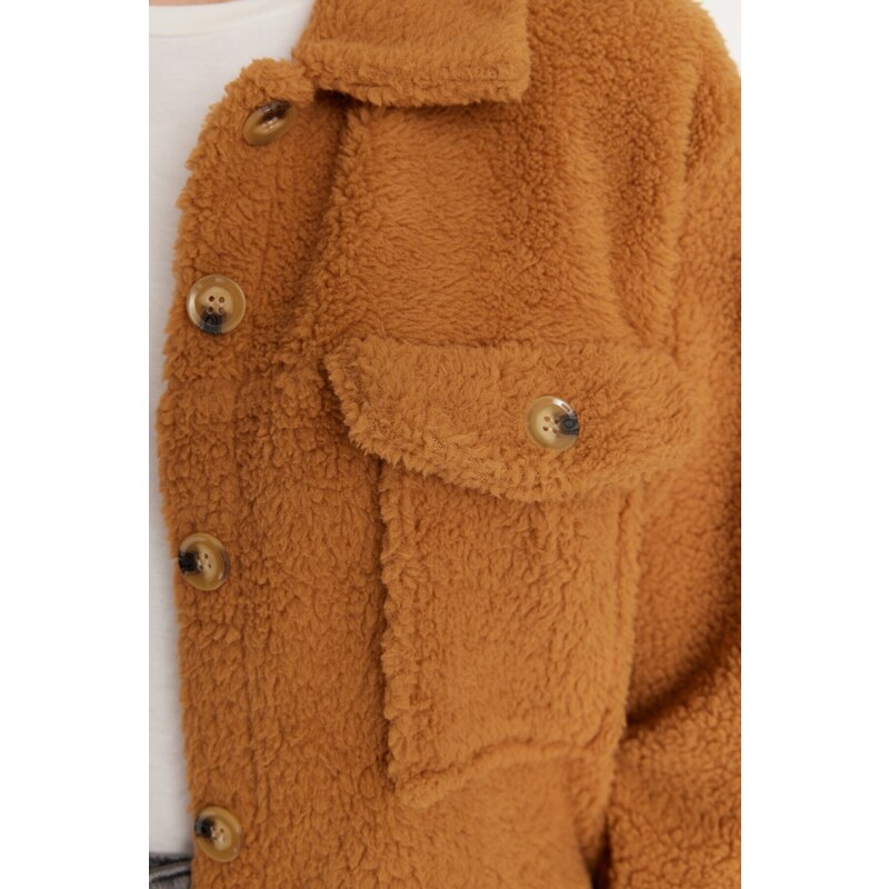 Trendyol Camel Shirt Collar Dvojitý kapsový plyšový kabát