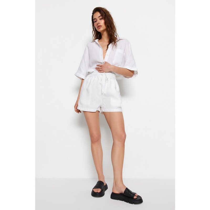 Trendyol White 100% Linen High Waist Shorts With Elastic Waist