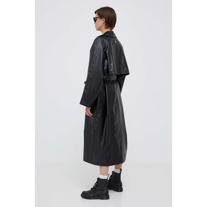 Trench kabát Calvin Klein Jeans dámský, černá barva, přechodný, dvouřadový